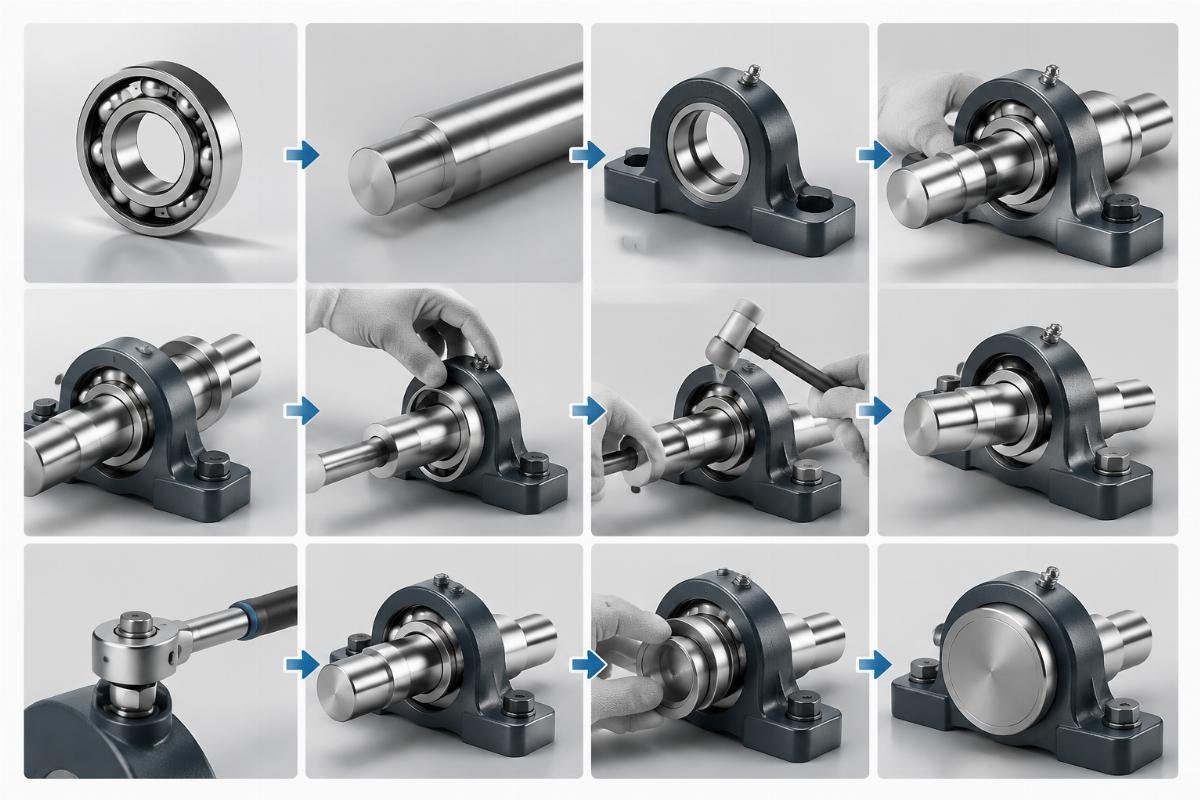 Step-by-step deep groove ball bearing installation sequence