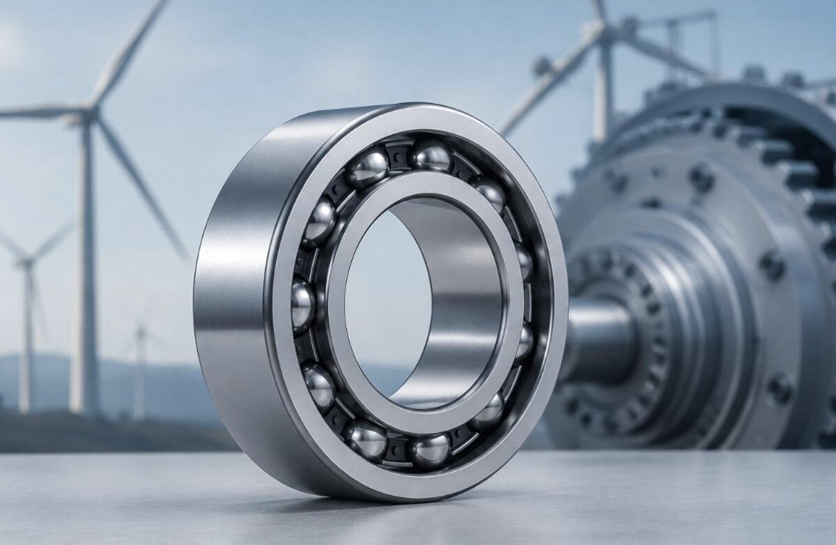 Cutaway industrial gearbox showing a tapered roller bearing set mounted on a shaft