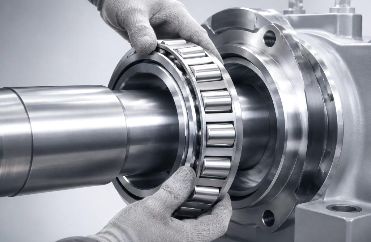 Gloved technician fitting a deep groove ball bearing onto a shaft in a pillow block housing